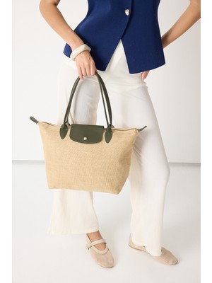 Powerspeed Kadın Haki Orta Boy Askılı Hasır El ve Omuz Çantası