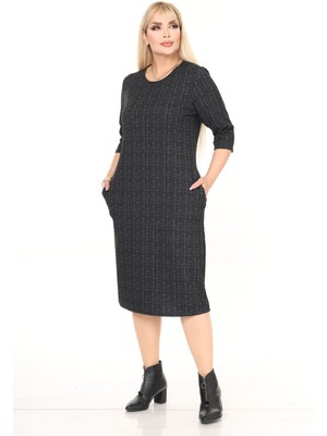 Çift Cepli Desenli Esnek Kışlık Büyük Beden Midi Elbise 11D-2718