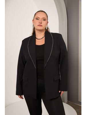 Biye Taş Detaylı Büyük Beden Ceket Siyah