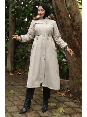 Kürk Yakalı Beli Bağcıklı Mont Bej 19269