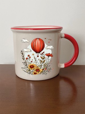 Balonlu Çiçekler Temalı Kırmızı Ağızlı Kupa Bardak - Seramik Çay, Kahve Hediyelik Bardağı