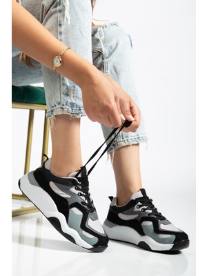 SP-172-2 Siyah Gri Bağcıklı Kadın Spor Ayakkabı