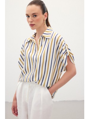 Keten Karışımlı Çizgili Gömlek - Lacivert