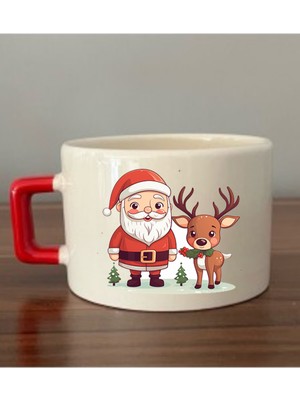 Noel Baskılı Yeni Yıl Yılbaşı Hediyelik Kırmızı Kulplu Fincan - Seramik Çay, Kahve Hediyelik Bardağı