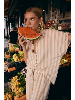 Çizgili Kısa Kol Gömlek - Bej