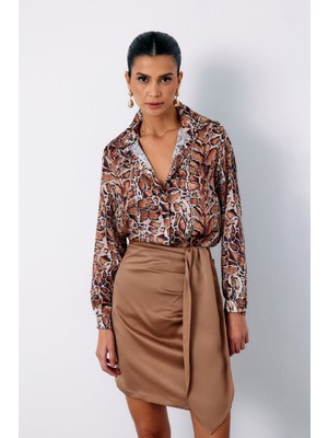 Leopar Desenli Klasik Gömlek - Taba
