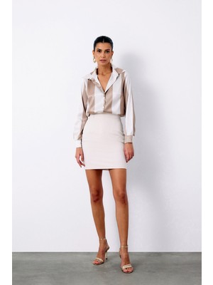 Çizgili Düz Gömlek - Bej