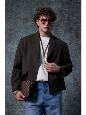 Erkek Boxy Fit Düğmeli Blazer Ceket Kahverengi