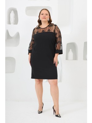 Roba Dantelli Büyük Beden Abiye Elbise Siyah