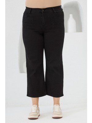 Ön Taş Detaylı Büyük Beden Kot Pantolon Siyah