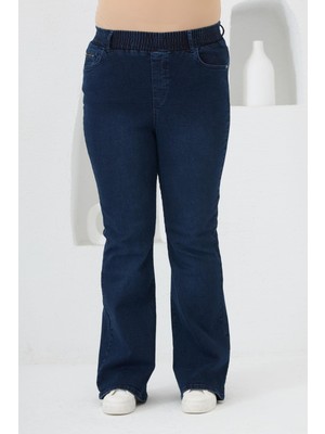 Ispanyol Paça Beli Lastikli Büyük Beden Kot Pantolon Mavi