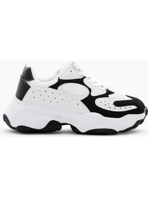 Tonny Black Kadın Beyaz Siyah File Rahat Kalıp Yüksek Taban Bağcıklı Spor Ayakkabı