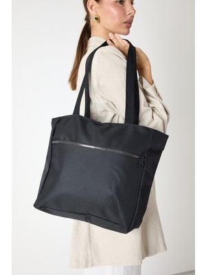 Powerspeed Kadın Siyah Önü Fermuarlı Büyük Boy Kumaş Omuz Çantası