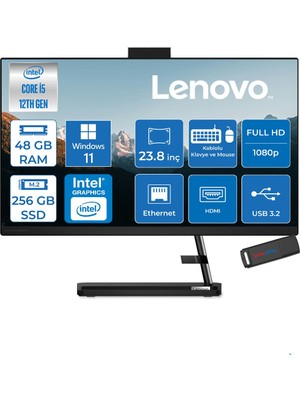Lenovo Ideacentre Aıo 3 24IAP7 Intel Core I5 12450H 48GB 256GB SSD WIN11PRO 23.8" Fhd (1920X1080) IPS 250NITS All In One Bilgisayar Siyah F0GH01J1TRP21+ZETTAUSBBELLEK