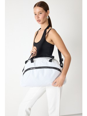 Powerspeed Kadın Beyaz Büyük Boy Önü Fermuarlı Kumaş Spor ve Seyahat Omuz Çantası