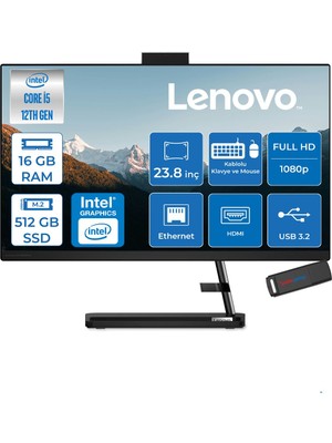 Lenovo Ideacentre Aıo 3 24IAP7 Intel Core I5 12450H 16GB 512GB SSD Freedos 23.8" Fhd (1920X1080) IPS 250NITS All In One Bilgisayar Siyah F0GH01J1TRF02+ZETTAUSBBELLEK