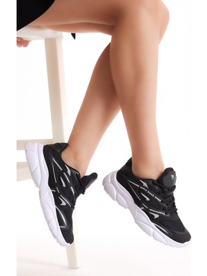 Tonny Black Unisex Siyah Füme Kalın Faylon Taban Desenli Bağcıklı Spor Ayakkabı