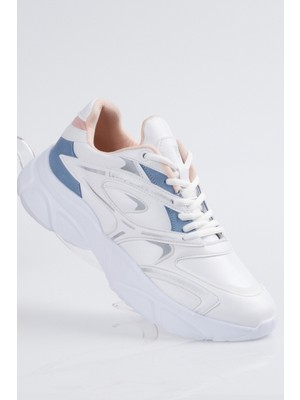 Tonny Black Unisex Beyaz Pudra Kalın Faylon Taban Desenli Bağcıklı Spor Ayakkabı