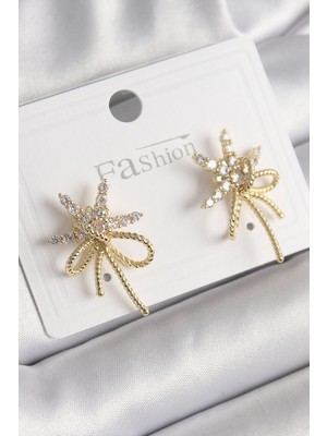 Pirinç Gold Renk Zirkon Taşlı Yıldız Düğüm Model Kadın Küpe - Lisinya