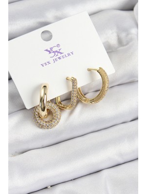 Pirinç Zirkon Taşlı Halka Model Gold Renk 3'lü Kadın Küpe - Lisinya