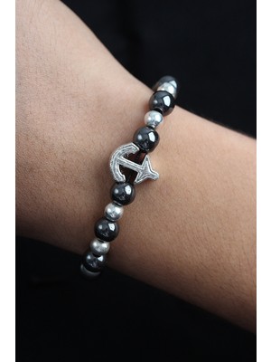 Doğal Taş Çapa Model Gümüş ve Füme Renk Asansörlü Erkek Bileklik - Lisinya