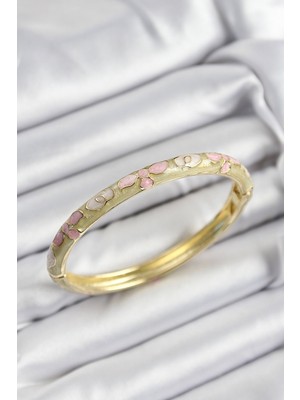 Mineli Pirinç Pembe Hardal ve Krem Çiçek Motifli Gold Renk Kadın Kelepçe - Lisinya