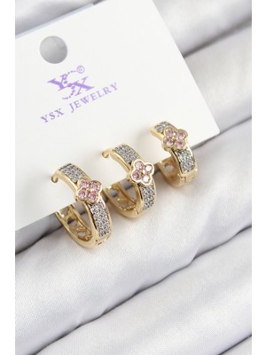 Pirinç Zirkon Taşlı 3'lü Halka Yonca Model Gold ve Gümüş Renk Kadın Küpe - Lisinya