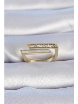 Pirinç Gold Renk Zirkon Taşlı Beyaz Sedef Detay Kadın Yüzük - Lisinya