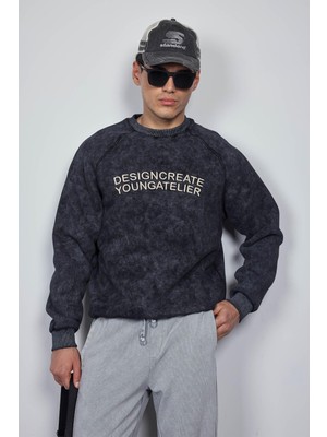 Erkek Oversize Yazı Baskılı Sweatshirt Siyah