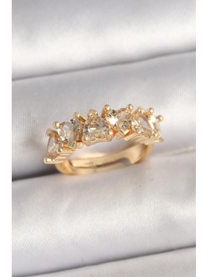 Pirinç Gold Renk Zirkon Taşlı Kalp Model Ayarlanbilir Kadın Yüzük - Lisinya