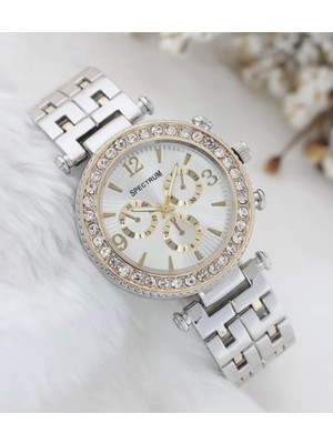 Zarif ve Şık Özel Tasarım Zirkon Taşlı Metal Bayan Kol Saati (Gümüş-Gold) ( Lisinya )