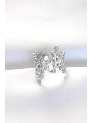 Silver Renk Tırtıklı Kalın Baget Taş Tasarım Ayarlanabilir Yüzük