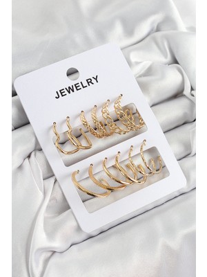 Pirinç Karışık Halka Model Gold Renk 6 Çift Kadın Küpe Set - Lisinya