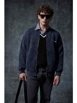 Erkek Oversize Yıkamalı Fermuarlı Sweatshirt Siyah