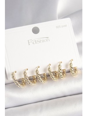 925 Ayar Gümüş Çivi Pirinç Gold Renk Sarmal Halka Model Kadın Küpe Seti - Lisinya