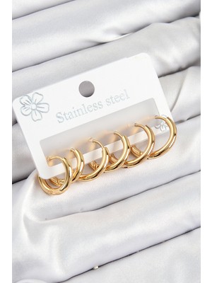 316L Çelik Halka Model Gold Renk 3'lü Set Kadın Küpe - Lisinya