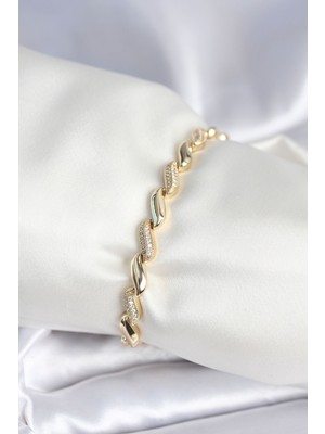 Pirinç Gold Renk Zirkon Taşlı Sarmal Model Kadın Bileklik - Lisinya