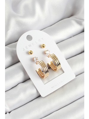 Pirinç Zirkon Taş ve Halka Figürlü Gold Renk 3'lü Çift Kadın Küpe Set - Lisinya