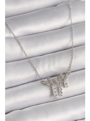 316L Çelik Gümüş Renk Zincir Zirkon Taşlı Kelebek Model Sallantı Detay Kadın Kolye - Lisinya