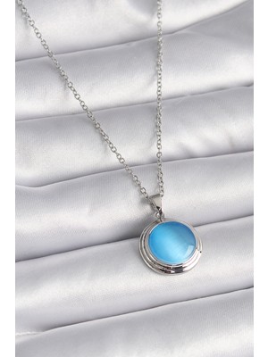 316L Çelik Gümüş Renk Mavi Sedefli Daire Model Kadın Kolye - Lisinya
