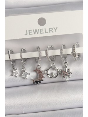 Pirinç Gümüş Renk Zirkon Taşlı Gezgen Model Kadın Küpe Seti - Lisinya