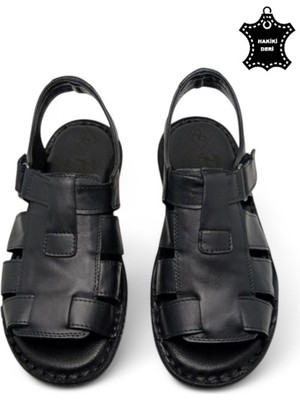 Magic Shoes Erkekler İçin Hakiki Deri Ortopedik Sandalet Siyah Renk, Cırtlı Bağlama ve Düz Topuk Tasarımı