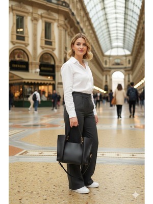 Siyah Renk Bayan Deri Çanta - 40388 , Hakiki Deri , Iç Çantalı ve Bölmeli