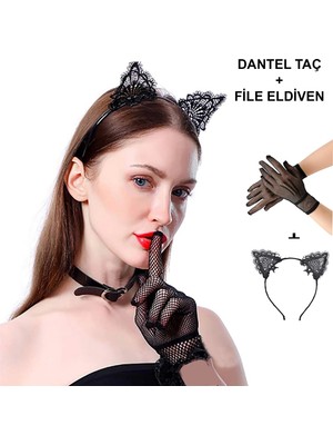 Siyah Kedi Dantel Taç + Eldiven Seti – Parti, Dans ve Kostüm Kombini - Lisinya
