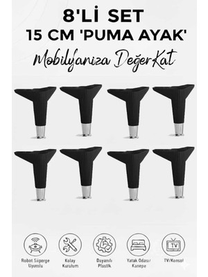 İmt Aksesuar Puma 15 cm Siyah-Krom (8 Adet) Mobilya Kanepe Tv Ünitesi Konsol Dolap Komidin Ayağı