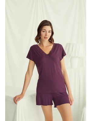 Monamise Kısa Kollu Dantelli V Yaka Şort Takımı