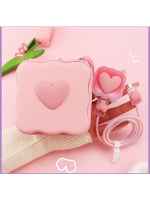 Apple iPhone 18W/20W/25W Uyumlu Şarj Kılıfı + Taşıma Çantası Fiyonk Kalp Desenli Şarj Aleti Koruyucu Şarj Kablosu Örme Aparatlı Koruyucu Toparlayıcı Makyaj Çantası