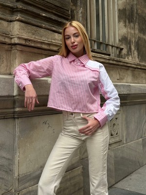 Kadın Özel Tasarım Yaka Koldan Giymeli Düğmeli Çizgi Garnili Crop Boy Tesettüre Uygun Bluz Gömlek