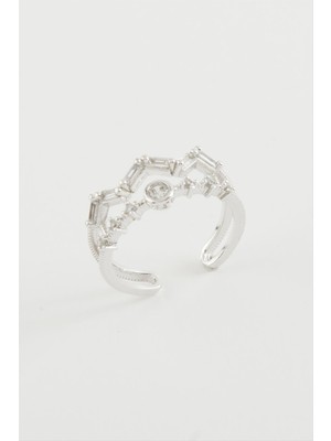 Resveq Zikzak Zirkon Taşlı Yüzük-Gümüş Rengi