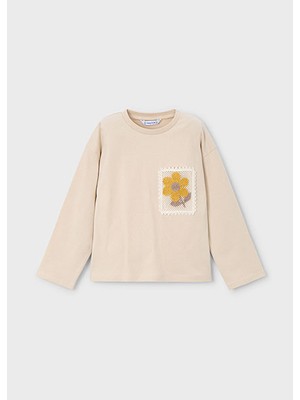 Mayoral Kız Çocuk Bej Çiçek Aplikeli Uzun Kollu Tişört 4004